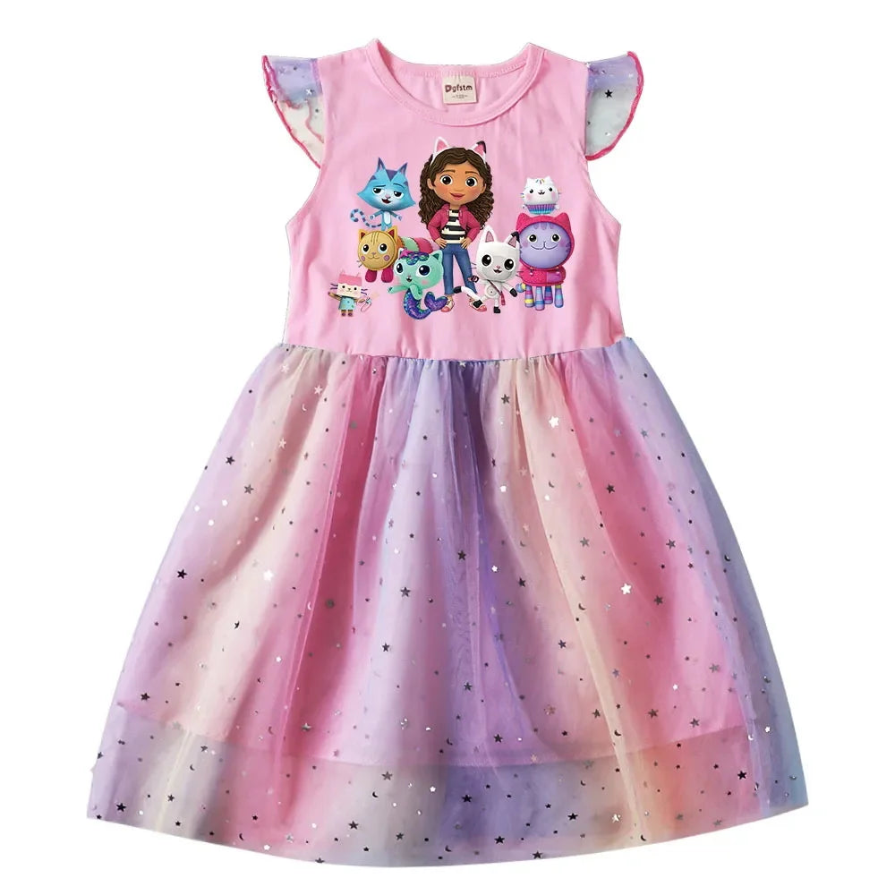 Baby Girls Cartoon Dress - Star Sequins Kids Flying Sleeve Skirt