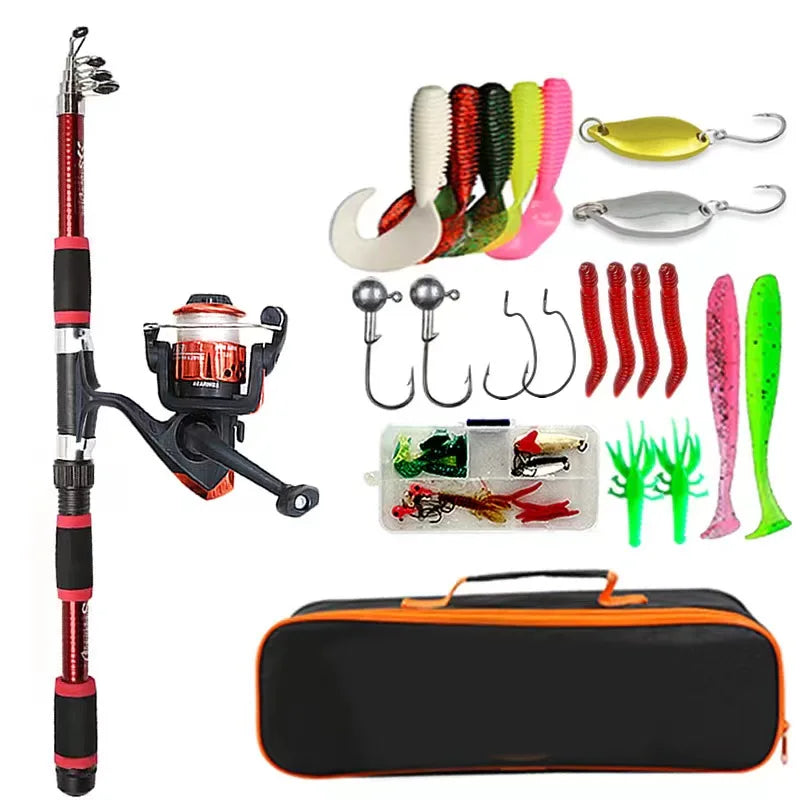 Complete Fishing Pole Set - Telescopic Rod, Reel, Baits, Hooks