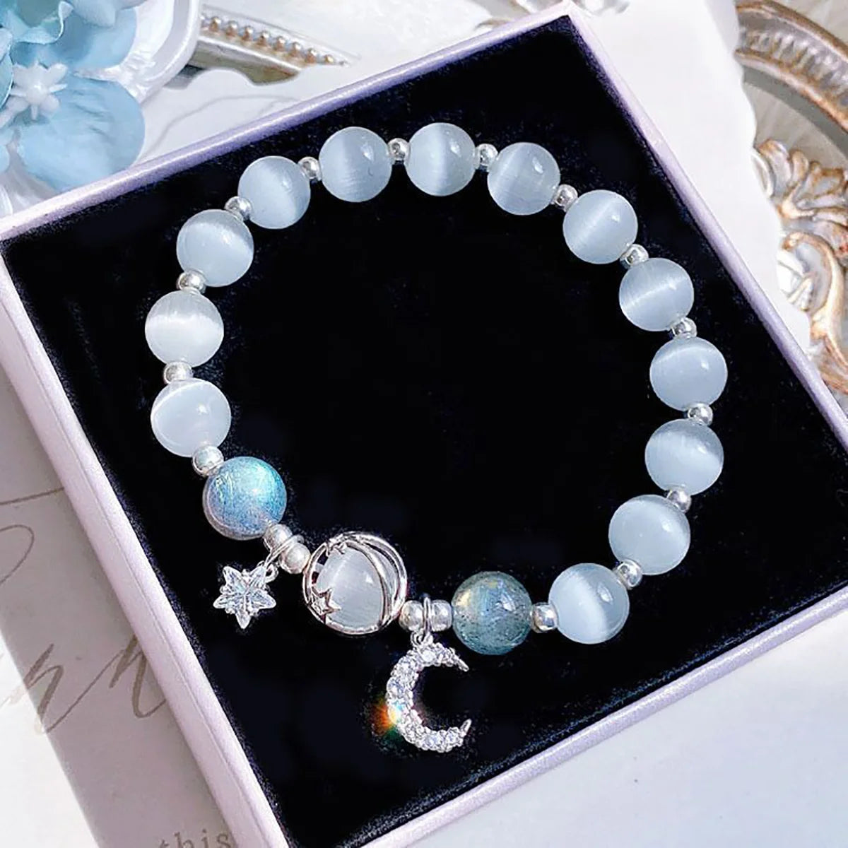 Girl's Shiny Crystal Opal Stone Moon And Star Bracelet