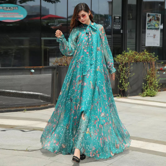 Chiffon Long Sleeve Floral Print Maxi Boho Dress