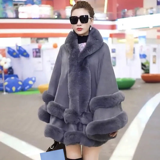 Double Layer Cape Hooded Shawl Faux Fur Wraps Big