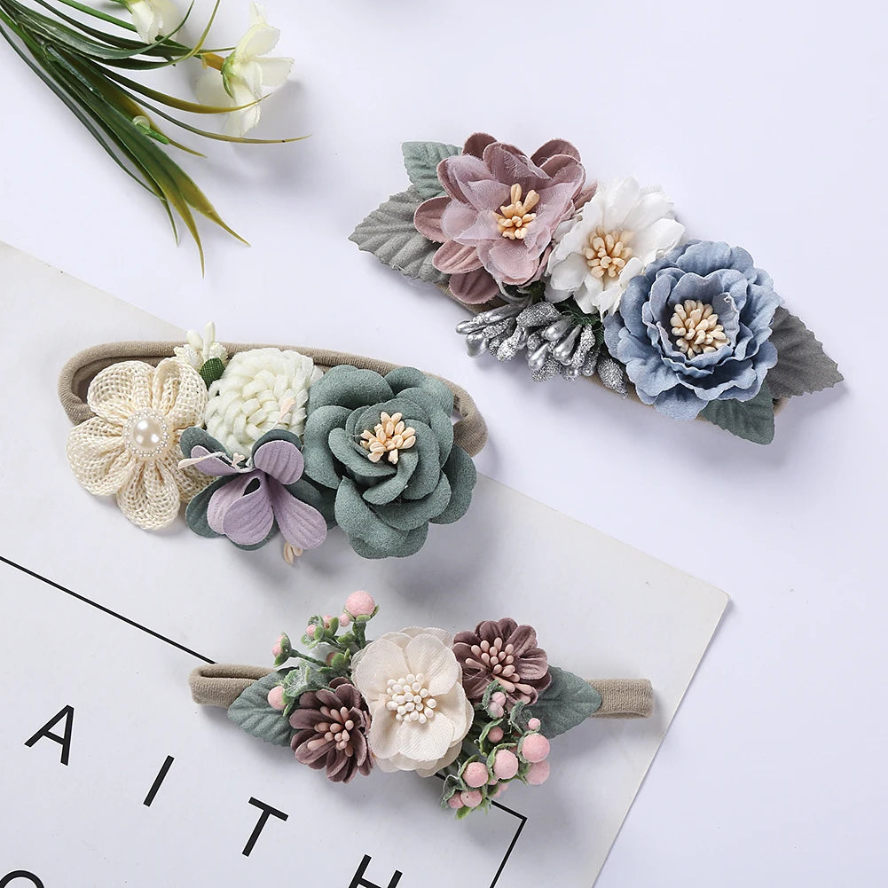 3Pcs/Lot Artificial Flower Baby Hairband Child Photography Props Headwraps