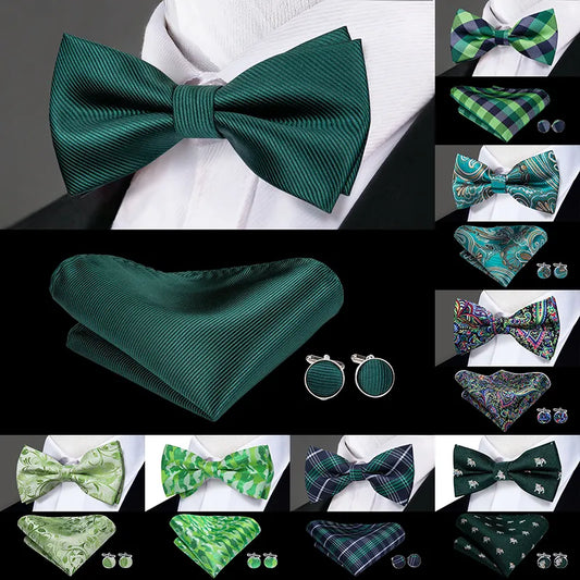 Men's Green Silk Bow Tie Set