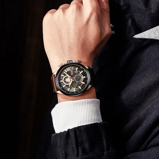 Montre de sport militaire étanche pour hommes avec cuir véritable