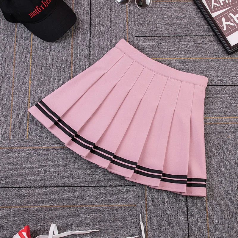 High-Waist Striped Pleated Mini Skirt