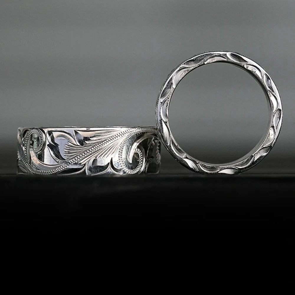 Trendy Engraved Flower Leaf Wedding Rings
