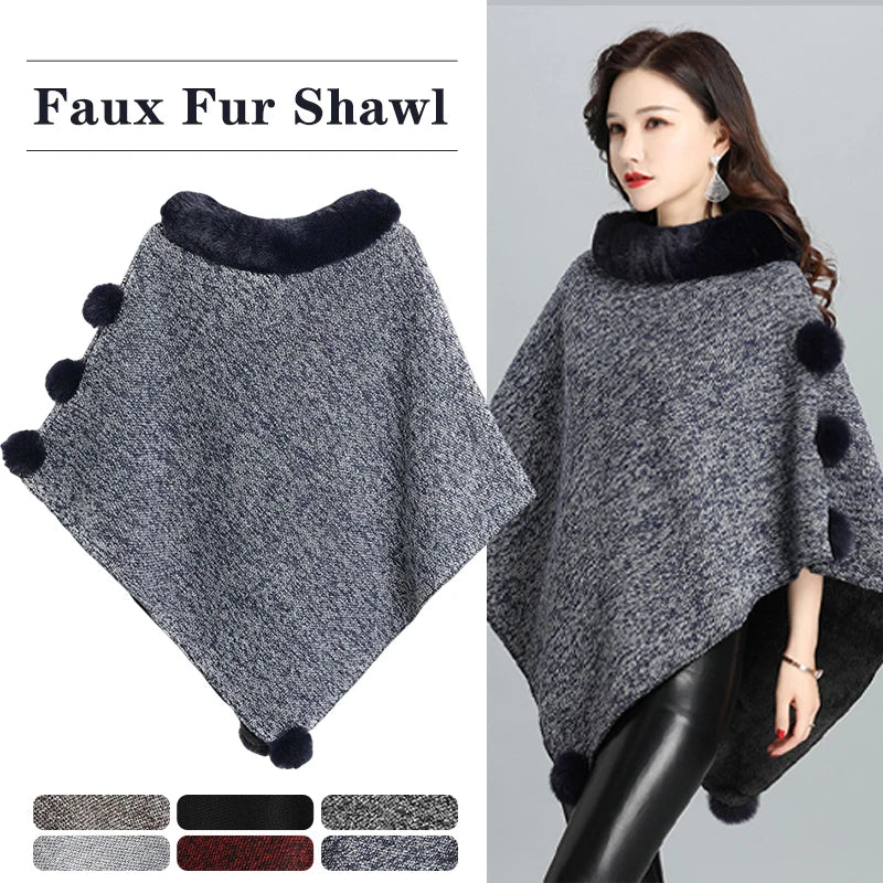 Rabbit Faux Fur Collar Loose Wrap Shrug poncho & Shawl