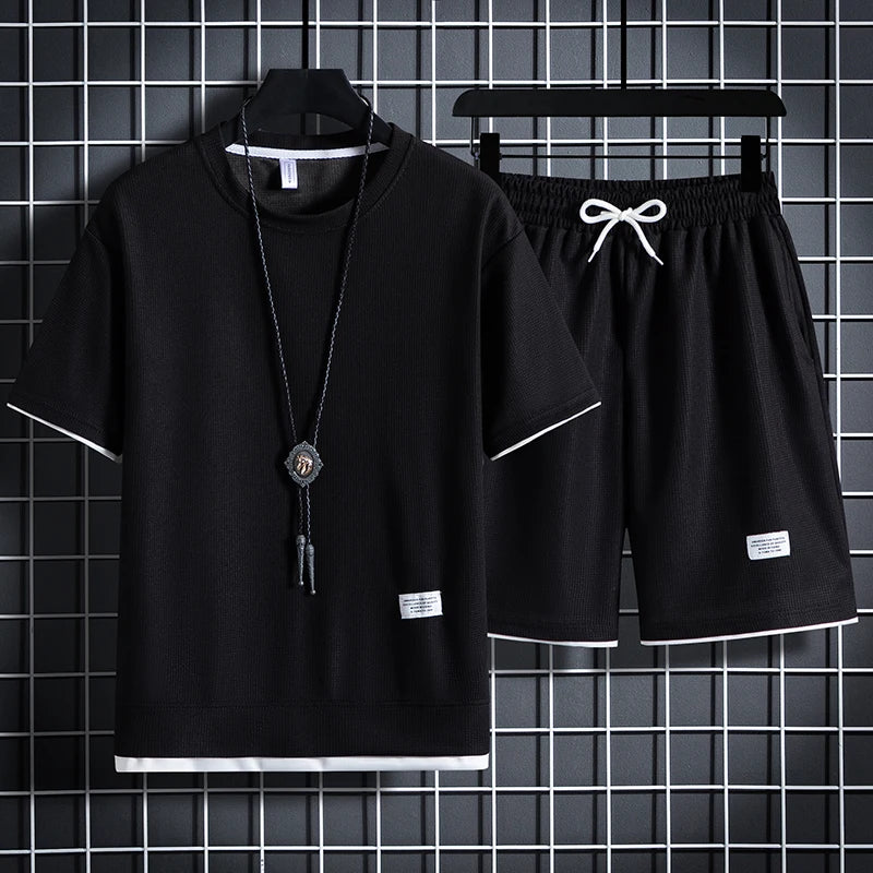 Men's Summer Waffle Tracksuit Casual T-Shirt & Shorts