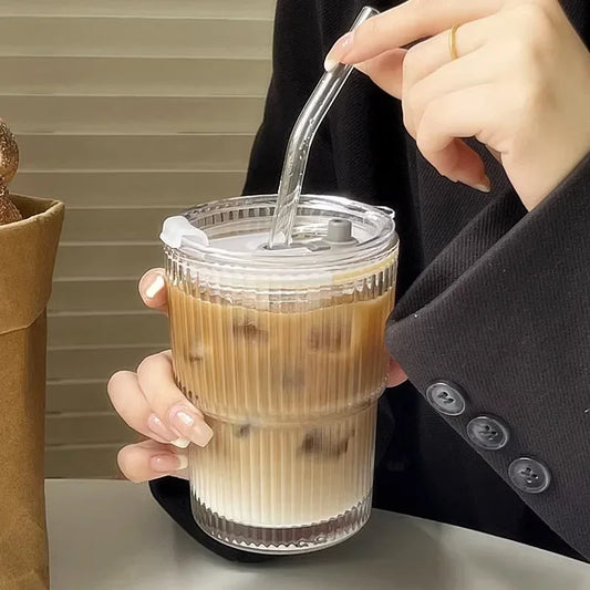 Transparent Stripe Glass Cups - Stackable Drinkware