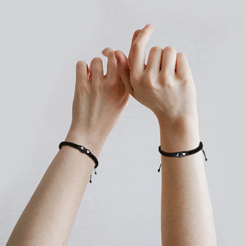 Customizable black & white heart-shaped woven couple bracelets