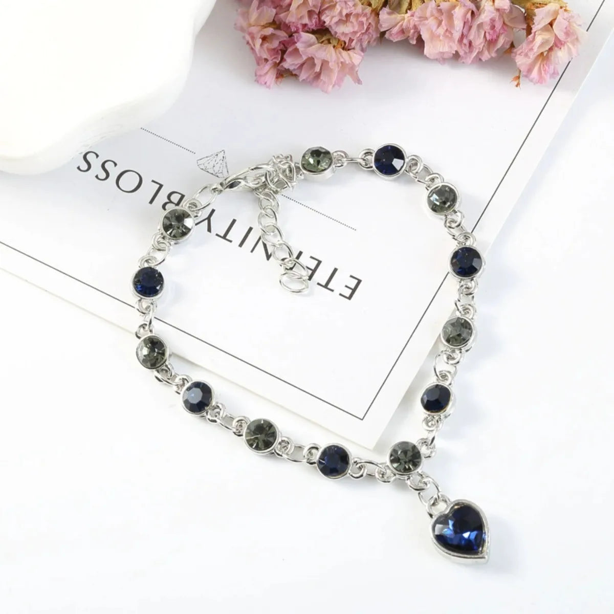 Women Silver Heart Charm Bracelet with Blue Crystal
