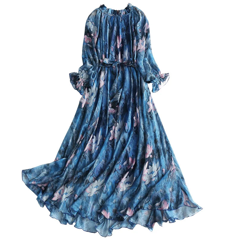 Floral Print Long Sleeve Maxi Loose Chiffon Dresses