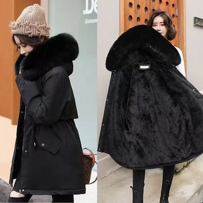 Langer Damenparka – Dicker Samt-Wintermantel