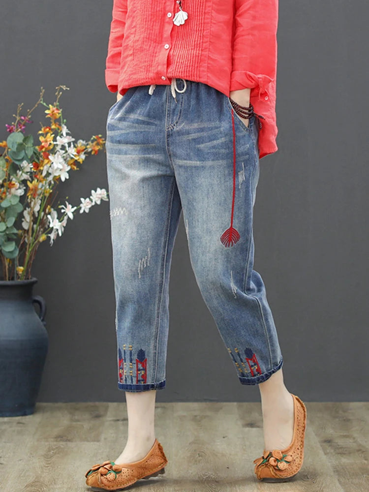 Ladies Ripped Jeans - Women Casual Embroidery Denim