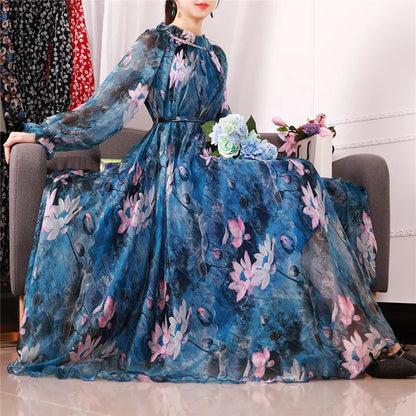 Floral Print Chiffon Long Sleeve Boho Women Dress
