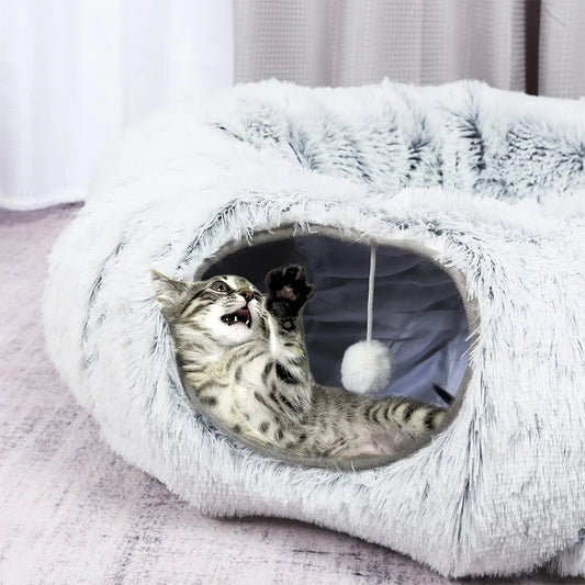 Foldable Two-in-One Round Warmth Multifunctional Plush Fluffy Donut Tunnel Cat Bed