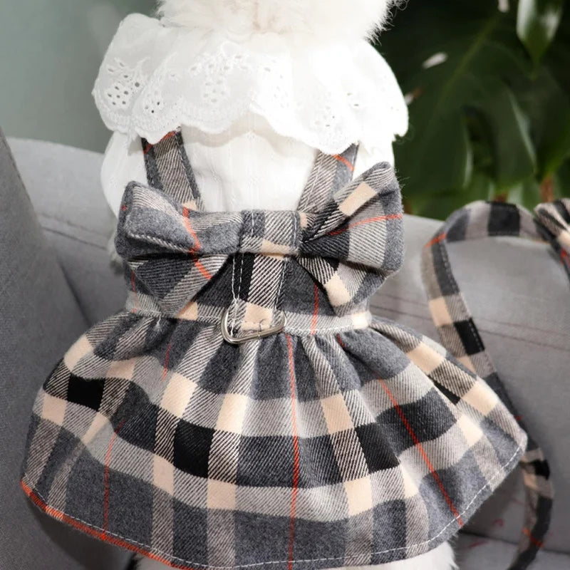 Pet Dog Dress - Big Bowknot Pet Harness Plaid Skirt
