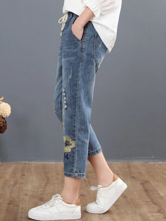 Ladies Floral Denim Vintage Embroidery Jeans