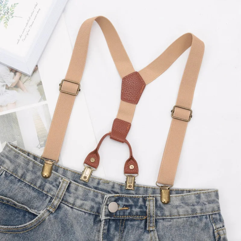 Men Suspenders leather Clip-on Straps - Adjustable Elastic Y-Back Brace