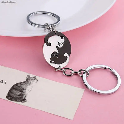 Patchwork Heart Black Cat Keychain Couples Set
