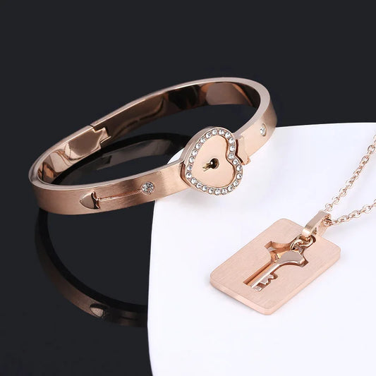 Couple Heart Lock & Key Necklace Bracelet Set – Stainless Steel Love Pendant Choker