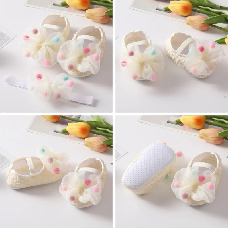 Baby Girl Newborn Cute Bow Flowers Headband Anti-Slip Soft Sole Shoes