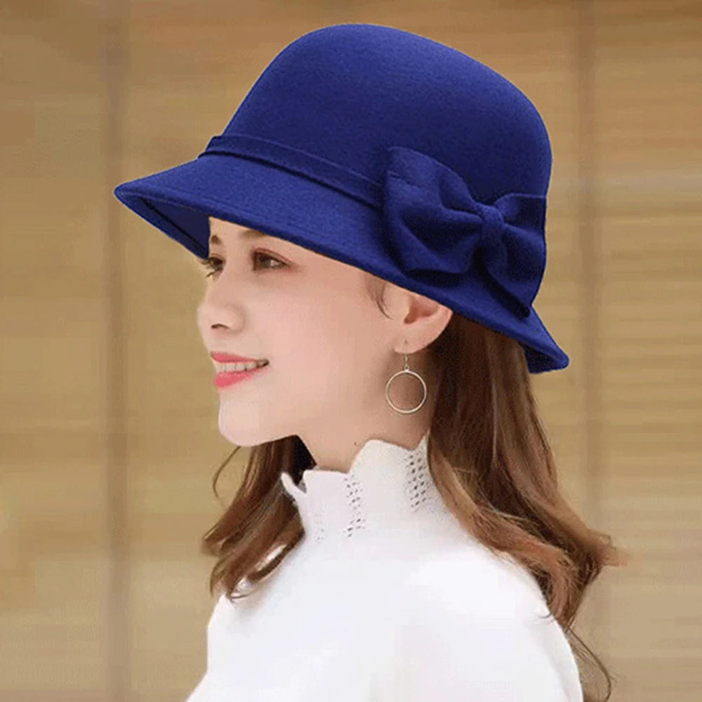 Winter Wool Flat Top bows Jazz Hat For Women