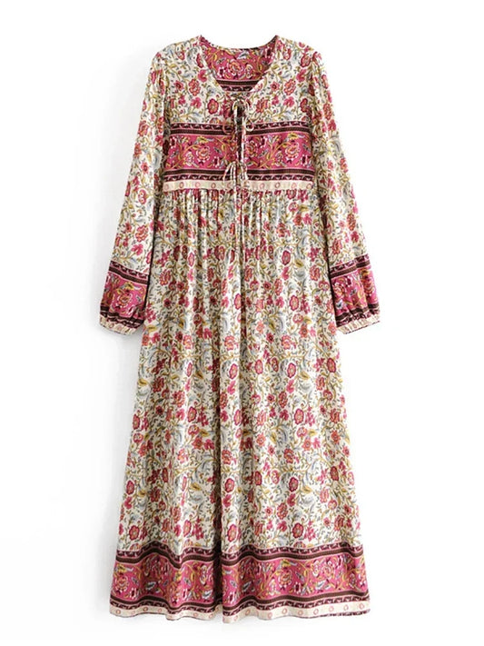 Women's Tie Neck Cotton Bohemian Maxi Dress