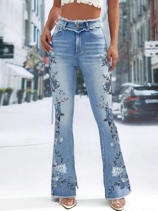 High Waist Printed Pockets Flared Pants For Women