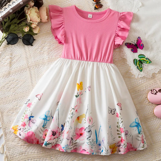 Kurzärmliges, genähtes Blumenkleid für Mädchen