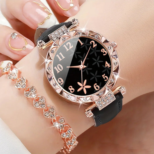 Ensemble montre-bracelet en alliage et bracelet en cuir PU pour femme