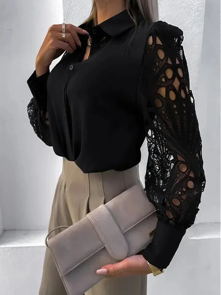 Women's Lace Hollow Out Long Sleeve Button Up Blouse