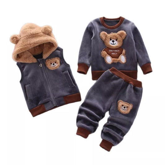 kids Winter Flannel Bear Hoodie Pants Set