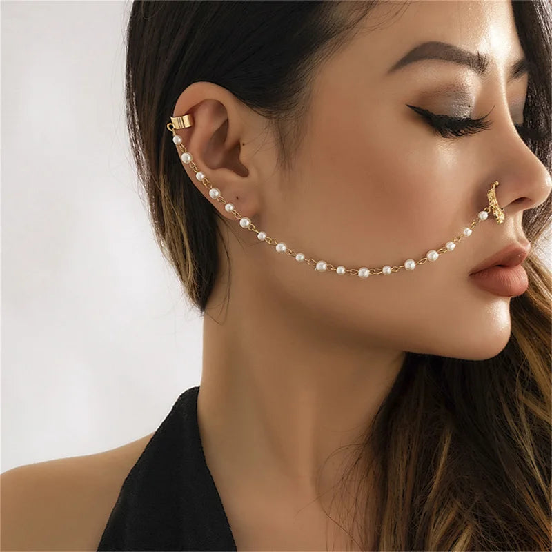 Women Nose Clip Earrings Geometric Tassel Chain