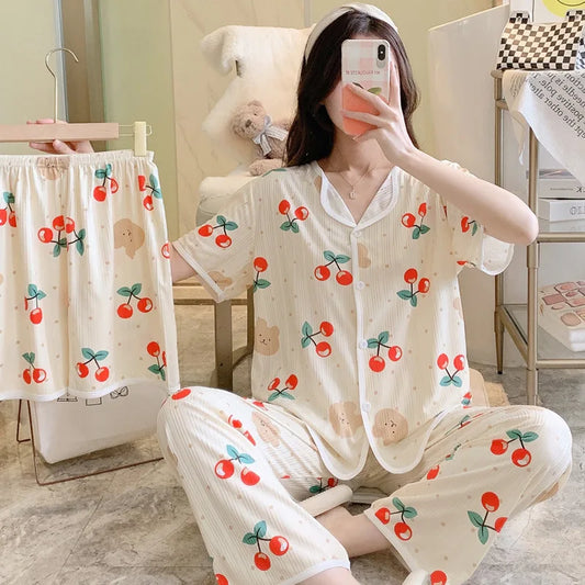 Women 3 Piece Pajama Set Printed Sleepwear Home Lounge Set Soft Comfortable Nightwear