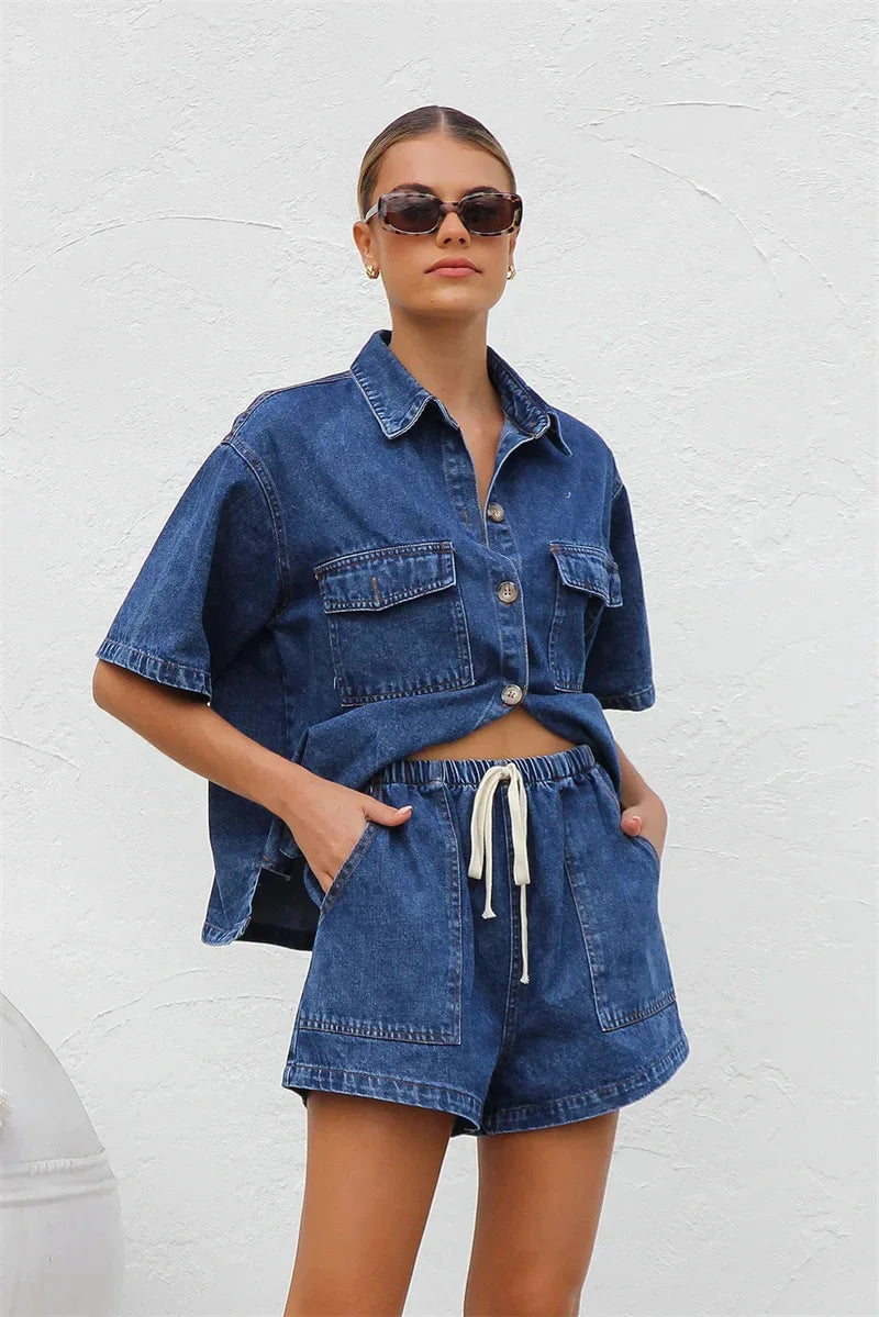 Unisex Denim Set - Jacket and Shorts, Casual Vintage Style
