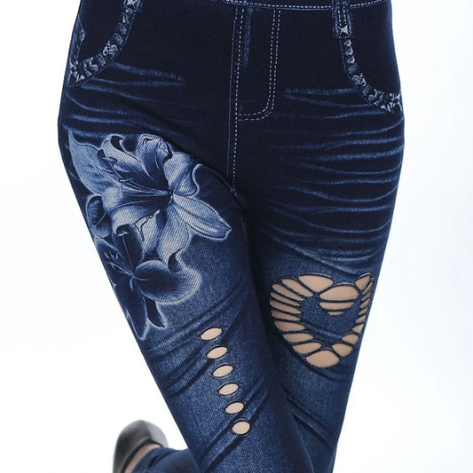 Women Hollow Out Denim Pencil Fitness Elastic Print Pants