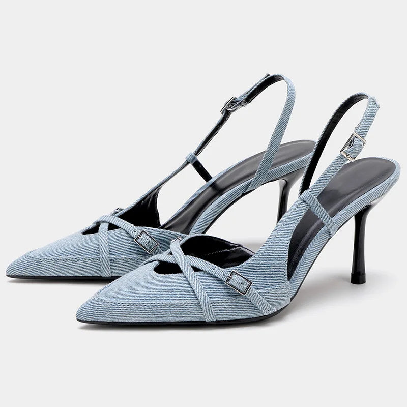 Women's Denim Strap Buckle Pointed Toe Pumps