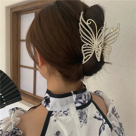 Rhinestone Butterfly Hair Claw Clips for Women – Pearl & Crystal Bling Hair Accessories