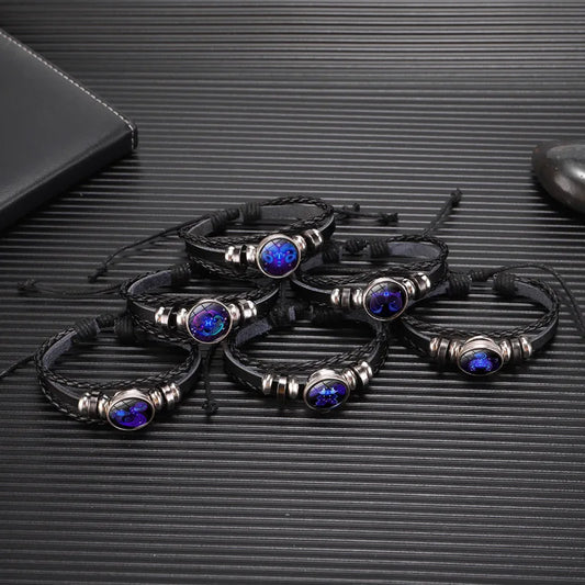 Unisex 12 Zodiac Signs Constellation Bracelet – Luminous Multilayer Leather Charm Bracelet