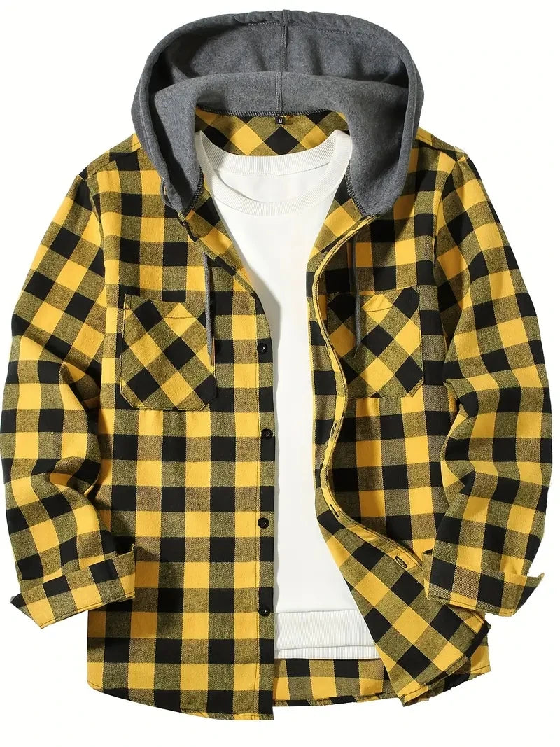 Men's Double Pockets Plaid Hooded Flannel Shirt Jacket