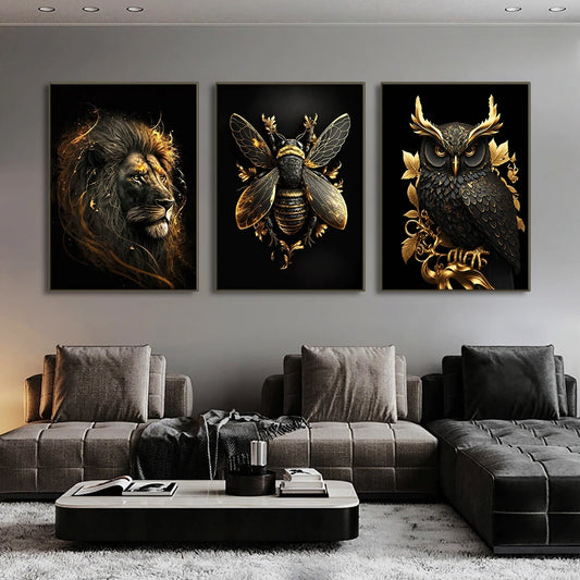Black Gold Eagle Lion Metal Poster Wall Art