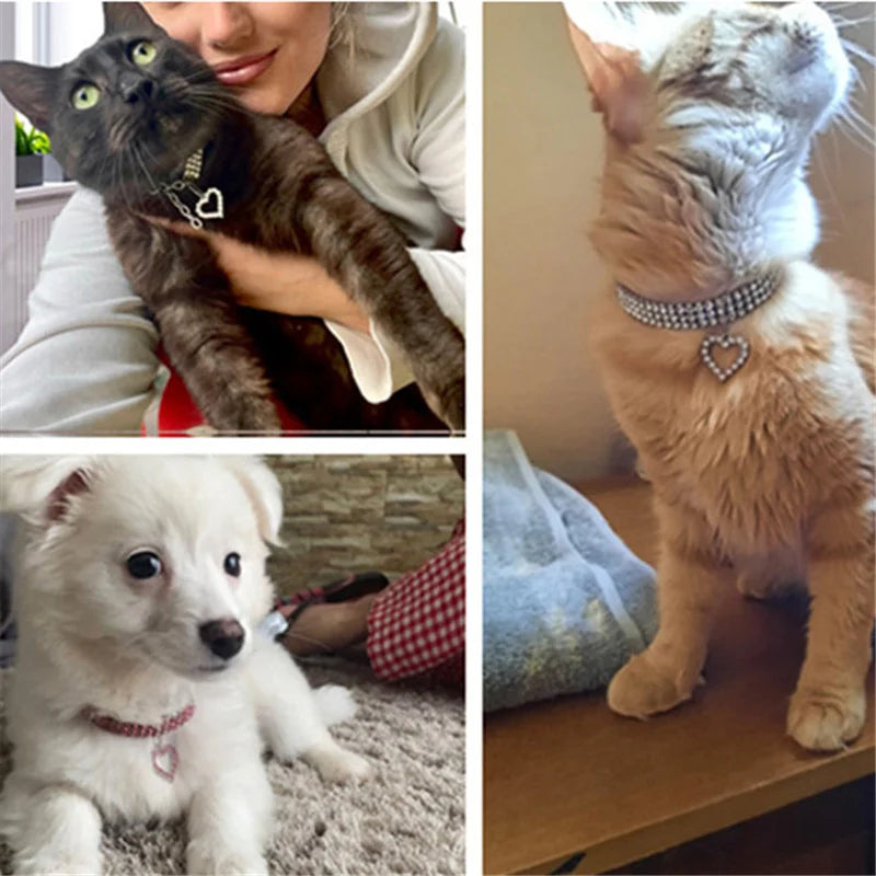 Three Row Elastic Rhinestone Pet Collars - Love Decoration Necklace For Kitten