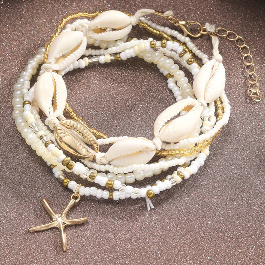 Women's Bohemian Starfish & Seashell Ankle Bracelet Set – Multilayer Rice Beads Beach Ankle Bracelets