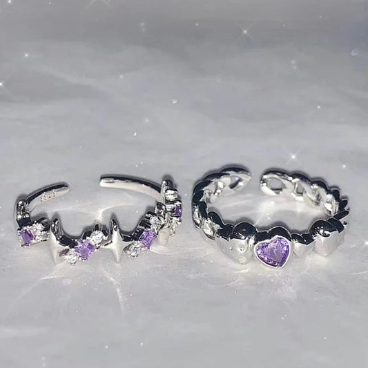 Shiny Purple Rhinestone Star Couple Rings