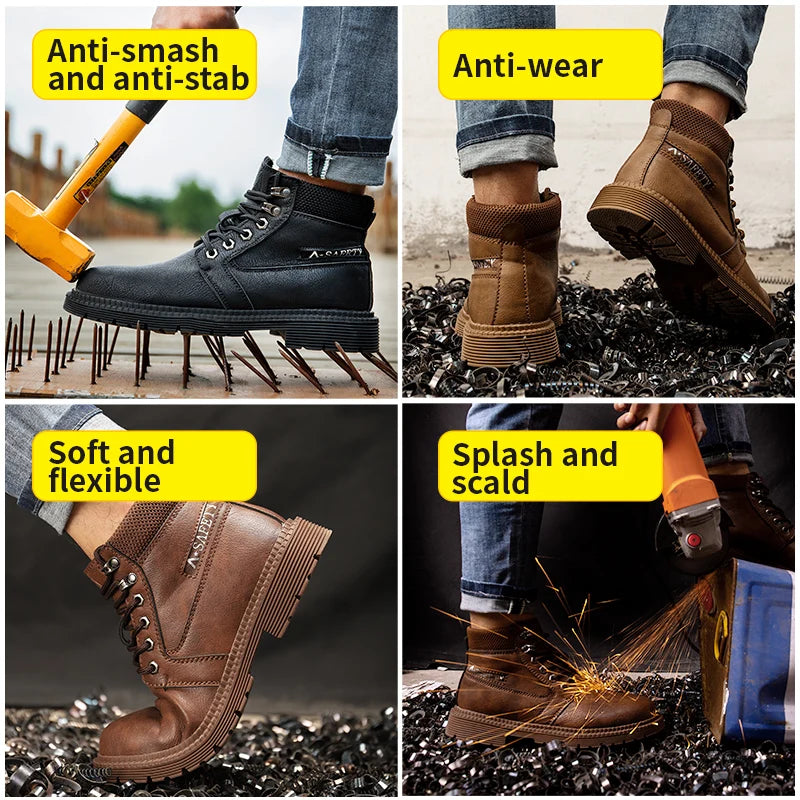 Chaussures de sécurité imperméables pour hommes, bottes en cuir à tête en acier, chaussures de travail de construction indestructibles, marron