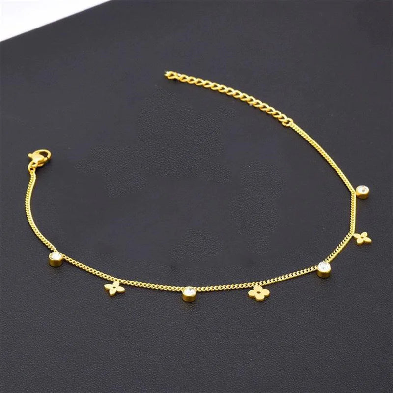 Waterproof Gold Plated Flower Zircon Chain Anklet