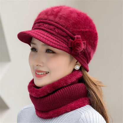 Fur Lined Women Hat And Scarf Set Warm