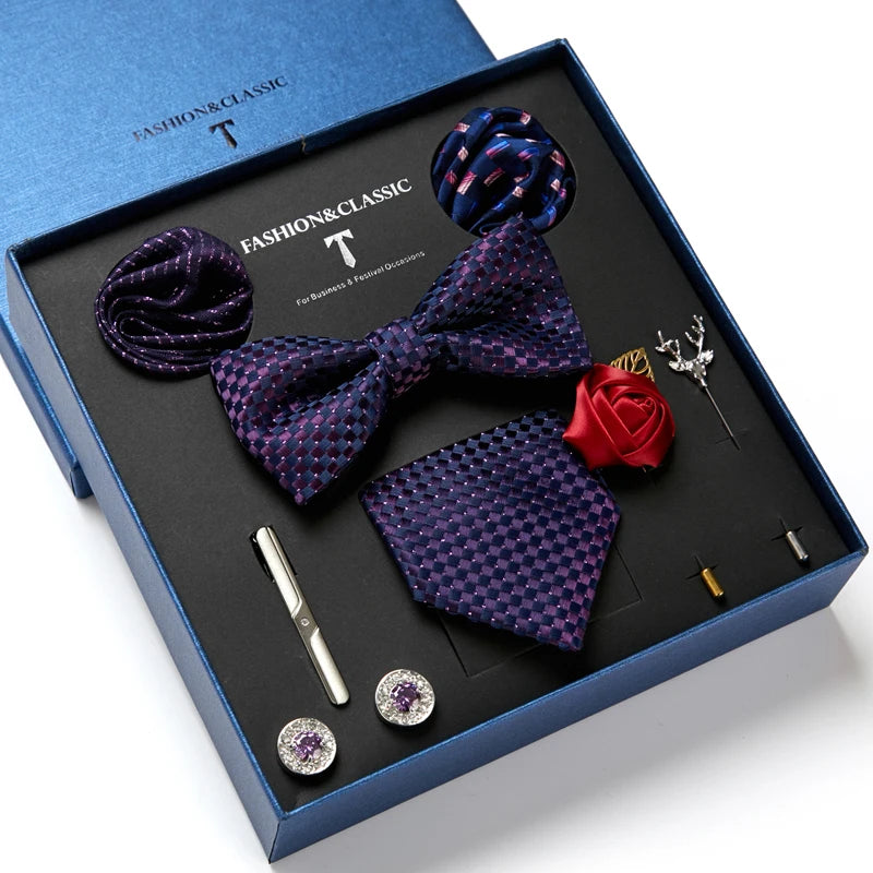 Dark Colors Bow Tie Set with Pocket Squares & Cufflinks