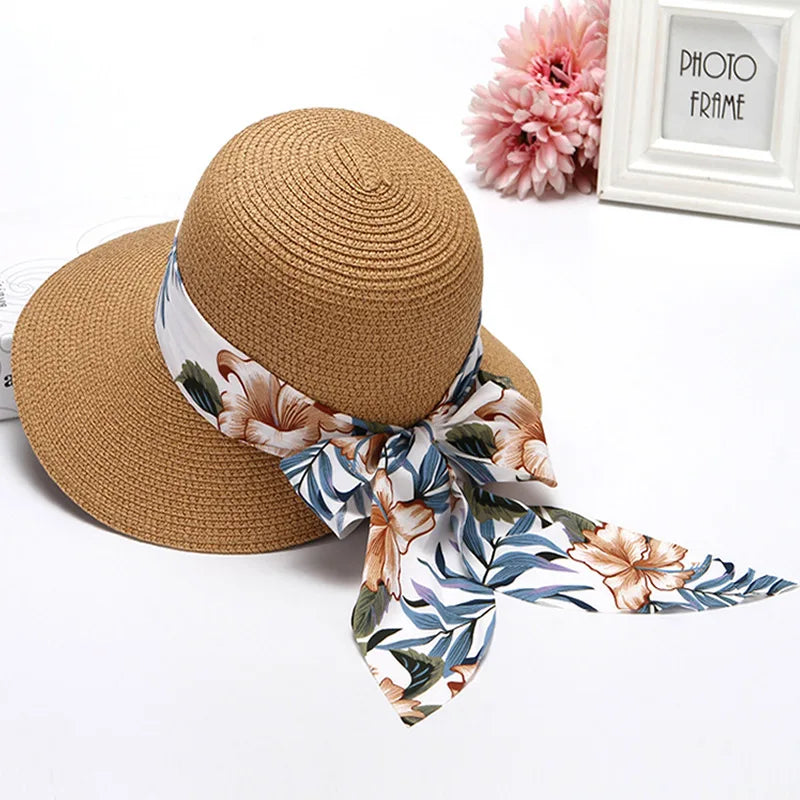 Boho Chic Straw Sun Hat with Bow Visor for Women